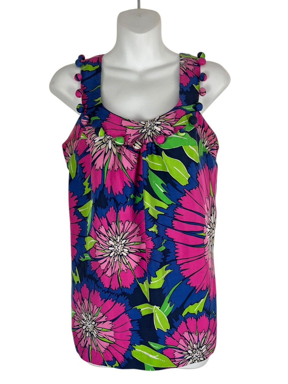 Lilly Pulitzer Floral Pom Pom Multicolor Silk Tank Top Shirt Size 6